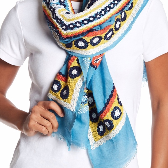 Tory Burch Blue Embroidered Oblong Scarf